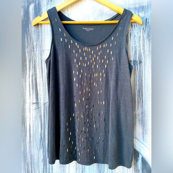 NWOT EILEEN FISHER 100% Linen Cascading Sequined Scooped Neck Tank Charcoal XS-S - Picture 2 of 8